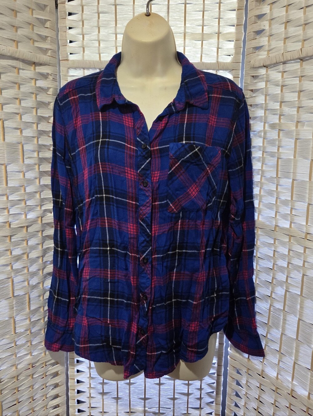 Arizona Boyfriend Fit Blue and Pink Plaid Button-Up Shirt